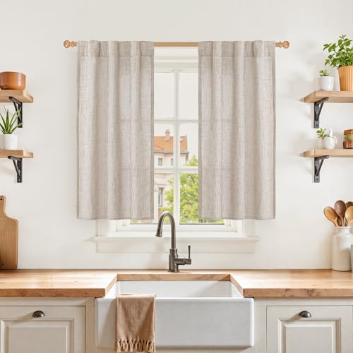 YoungsTex Linen Curtains 40 Inches Long for Kitchen Window Over Sink - Short Semi Sheer Drapes with Rod Pocket Back Tab Rustic Light Filtering for Bathroom, 2 Panels, 30 X 40 Inch