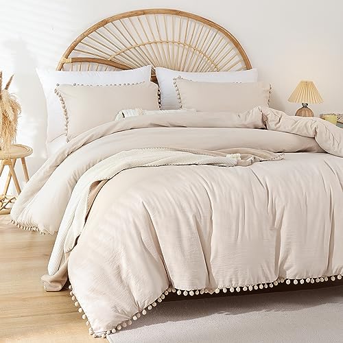 "YIRDDEO King Size Comforter Set - King Size Comforter with Ball Pom Fringe, Soft King Bedding Set for All Seasons - 3 Pieces, 1 Comforter (104""x90""inches) & 2 Pillow Shams(20""x36""), Beige"