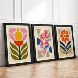 Geometric Blooms Mid-Century Set of 3 Framed Wall Art Prints A3
