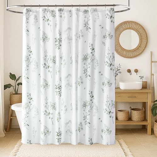 Lino Rosa Shower Curtain for Bathroom Water Repellent Fabric Curtains with Hooks Sets 72X84 Inch Green & Grey Watercolor Floral