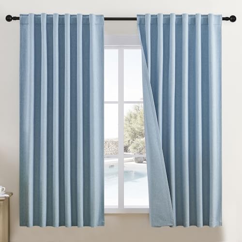 DUALIFE Dusty Blue Linen Blackout Curtains Back Tab and Rod Pocket Thermal Insulated Light Blocking Drapes for Bedroom 2 Panels Set 50X72 Inches
