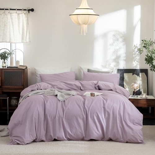 FOSSA Duvet Cover Set 100% Washed Cotton Linen Feel King - Super Soft Breathable Lightweight & All Season Bedding Set with Hidden Zipper & 8 Corner Ties (Light Purple)