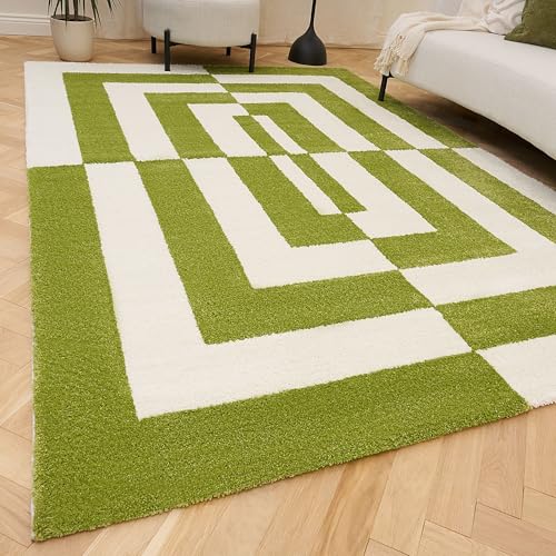 THE RUGS Joli Area Rug - Soft Dense Pile Modern Artistic Design, Durable & Easy Care Carpet for Living Room & Bedroom - Geometric Green & White, 160 x 230 cm