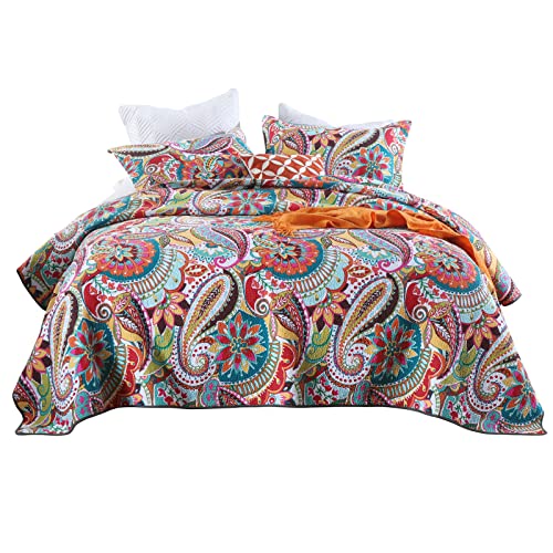 Qucover Quilt Sets Queen, 3-Piece Multicolor Paisley Cotton Queen Bedspread Quilt with 2 Pillow Shams, Patchwork Coverlet Set (Queen 90x98)