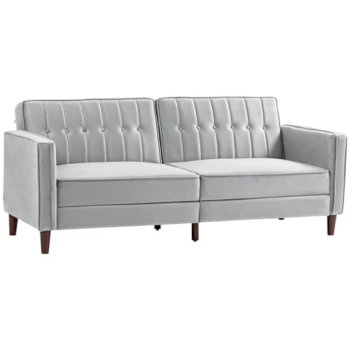 HOMCOM Convertible Sofa Bed, 189cm Click Clack 3 Seater Sofa Bed, Button Tufted Velvet Sleeper Couch with Split Reclining Backrest and Rubber Wood Legs, Light Grey