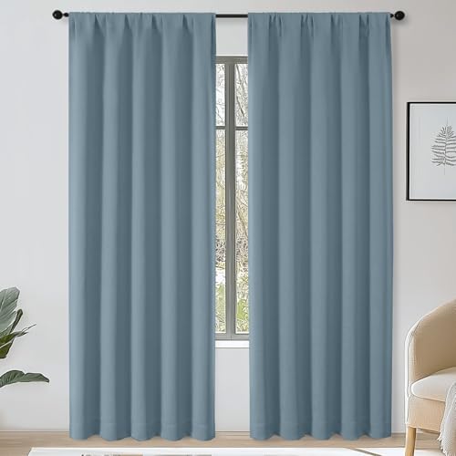 OWENIE Sally Stone Blue Blackout Curtains 84 Inches Long 2 Panels Set for Bedroom Living Room, Solid Thermal Insulated Privacy Room Darkening Window Treatment Drapes, 2 Pcs Each W50 x L84, Stone Blue