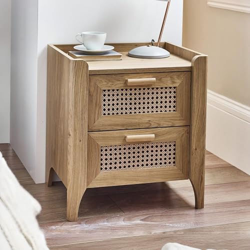 Julian Bowen Sydney Bedside Table - Oak Effect End Table with 2 Drawers and Rattan Effect Print Front, Boho Nightstand for Bedroom, Living Room & Hallway - W50 x D41cm