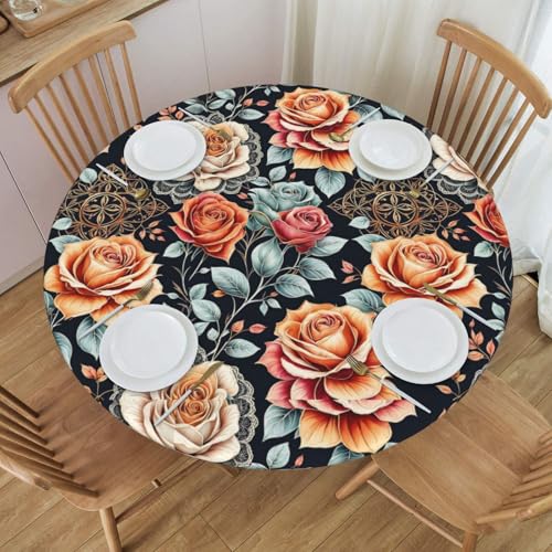 "BOXIMIAO Roses Flower Vintage Round Tablecloth with Elastic Edge Table Cover Waterproof Reusable Table Cloth for Holiday Kitchen Party Patio,M(45""-50"")"