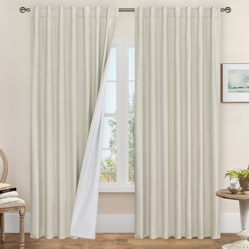 LAMIT Stone 100% Blackout Linen Curtains, 84 Inch Linen Textured Living Room Bedroom Drapes Room Darkening Back Tab and Rod Pocket Neutral Panels with White Liner, 2 Panels, 60 x 84 Inch