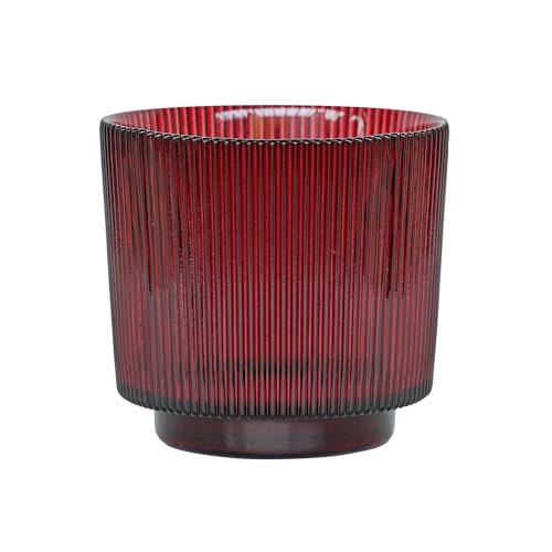 Ivyline Round Candle Holder in Burgundy Glass with Ribbed Design - Elegant Table Centrepiece - Modern Home Decoration - H14 x W15 cm