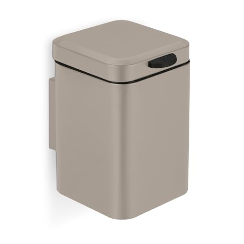Relaxdays Wall Mounted Bathroom Bin, 3 L, Drop-down Mechanism, Removable Inner Bucket, Cosmetic Waste Can, Steel, Beige