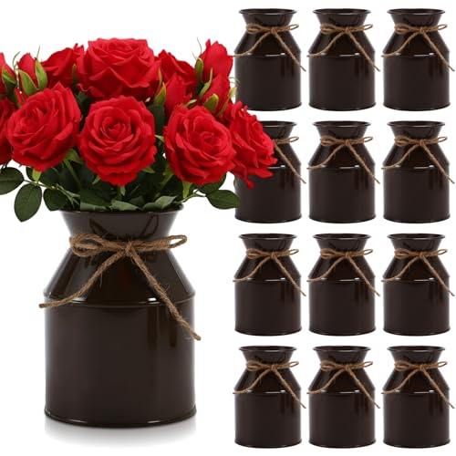 Domensi 5.12 Inch Farmhouse Metal Flower Vase Decor Rustic Galvanized Milk Can Jug Vase with Bow Flower Buckets for Table Centerpiece Fall Halloween Wedding Home Dinging Room Decor(Brown,12 Pcs)