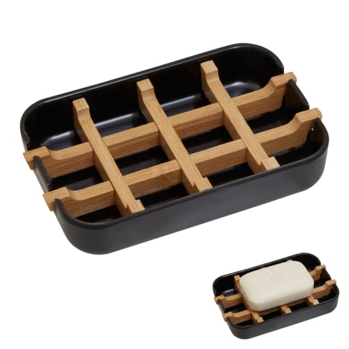 Premier Housewares Elegantly Pure Bamboo Fiber Soap Dish/Minimalist Black Intersecting Lines Soap Dish/Biodegradable Soap Dish Dimensions W13 x D9 x H3cm.