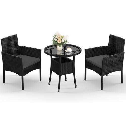 Yaheetech 3-Pieces Garden Conversation Set, Woven PE Rattan Chairs with Cushion & 1 Tempered-Glass Side Table for Bistro, Porch, Garden, Courtyard, Deck, Black & Grey