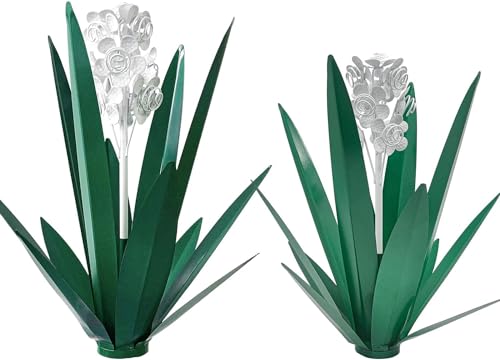 LCJECV Metal Agave Plant Garden Art, 2 Pack Tequila Rustic Sculpture, Rustic Metal Agave Plants for Yard Stakes, Garden Figurines, Outdoor Patio (2 PCS White Flowers)
