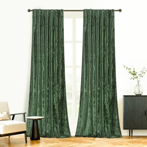 Roslynwood Crushed Luxury Velvet Hunter Green Curtains for Bedroom 96 inches Long Thermal Insulated Window Drapes Back Tab for Living Room/Dining Room, W52 x L96, 2 Panels