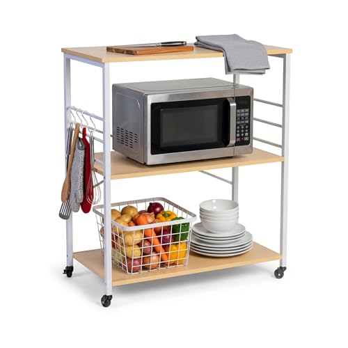 Relaxdays Kitchen Trolley, 3 shelves, 6 S-hooks, HxWxD: 89 x 80 x 40 cm, MDF/steel, serving trolley, natural/white