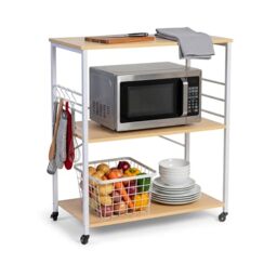 Relaxdays Kitchen Trolley, 3 shelves, 6 S-hooks, HxWxD: 89 x 80 x 40 cm, MDF/steel, serving trolley, natural/white
