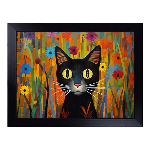Lap Tray with Bean Bag Cushion, Cat Contemporary - Handmade in the UK, Raised Wooden Edge, Padded Cushion, Heat-Resistant Wipe-Clean Surface, for Meals, Laptops and Crafts