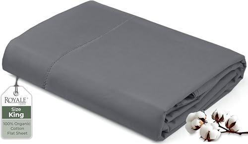 "Royale Linens 100% Organic Cotton King Flat Sheet Only - Super Soft - Percale Top Sheets - King Flat Sheet Sold Separately - Breathable, Cool & Crisp Grey Sheets Only (105"" x 102"", Grey)"