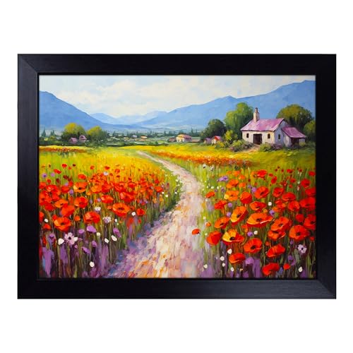 Lap Tray with Bean Bag Cushion, Poppy Field Palette Knife - Handmade in the UK, Raised Wooden Edge, Padded Cushion, Heat-Resistant Wipe-Clean Surface, for Meals, Laptops and Crafts