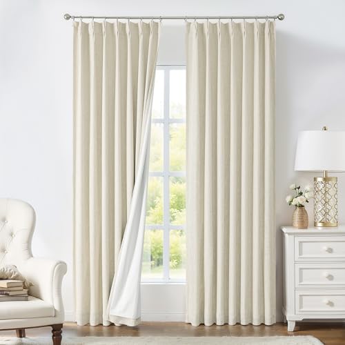 "Pinch Pleated Blackout Curtain Panel with Full Blackout Liner Window Treatment Sets with Back Tab for Farmhouse Living Room Bedroom Thermal Insulated Drape with Hooks, 40""x95""x2, Sand/Linen"