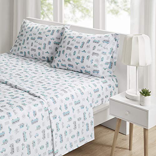 "Intelligent Design Microfiber Cozy Bed Sheet Set, Modern All Season Bedding & Pillowcases, Premium 14"" Elastic Pocket Fits up to 16"" Mattress, Twin Grey/Blue Road Trip 3 Piece"