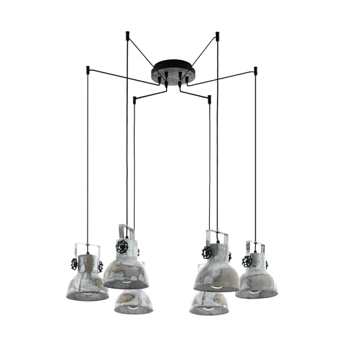 Eglo Barnstaple Pendant lamp, 6-Light Vintage Hanging Light in Industrial Style, Retro Steel Pendant with zinc Used Effect, Wood, Colour: Brown Patina, Black, Socket: E27