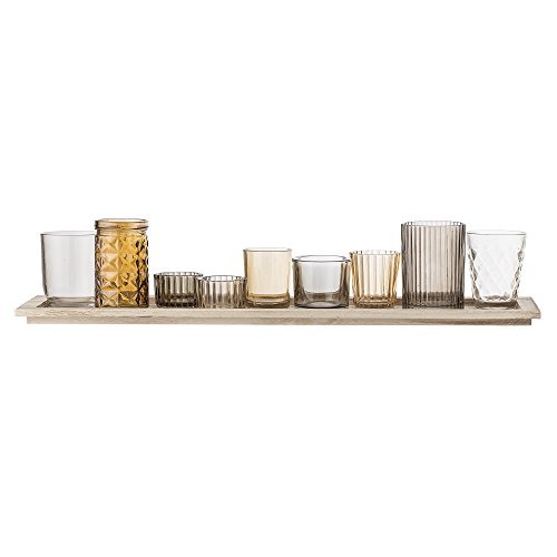 Bloomingville Set of 10 Tea Light Holders with Tray as Table Decoration for Home and Garden Lantern, Brown, Glass Paulownia Wood