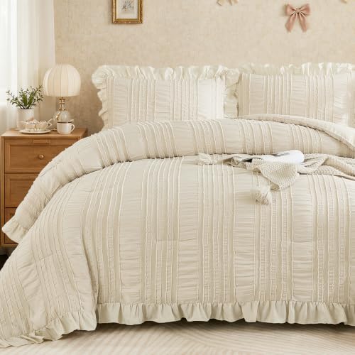 "WONGS BEDDING Beige Textured Comforter Set King,3 Pieces Ruffle Farmhouse Shabby Chic Comforter for Queen Bed,Soft Seersucker Boho Bedding Set with 1 Ruffle Comforter,2 Tufted Pillowcases 104""??90"""