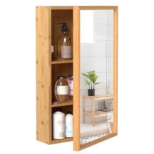RELAX4LIFE Bathroom Mirror Cabinet, Bamboo Wall Medicine Cabinet with Single Door and Adjustable Shelves, Wall-Mounted Storage Cupboard Organiser Unit(Natural)