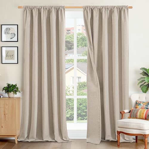 BGment Extra Long Oatmeal Linen Blackout Curtains 52 X 96 Inch Length - Light Blocking Drapes Privacy for Bedroom Room Darkening Floor Length with Rod Pocket Thermal Insulated, 2 Panels