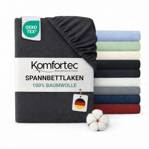 Komfortec Jersey Fitted Sheet, 100% Cotton, 140 x 200 cm, 135 g/m², Soft, Breathable and Skin-Friendly, With Elasticated Edge, Oeko-Tex Certified, For Box Spring, Toppers & Mattresses, Anthracite