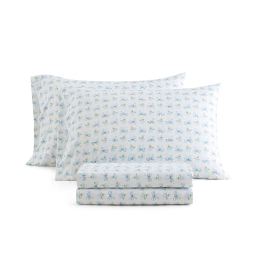 Martha Stewart - Full Size Sheet Set, Smooth & Lightweight Bedding with Deep Pockets, Fade & Wrinkle Resistant, Bed Sheets with Matching Pillowcases (Donna Bow Blue)