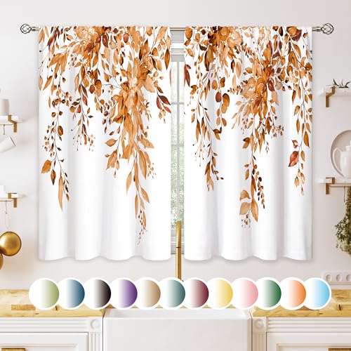 oolygoo Orange Eucalyptus Botanical Leaves Floral Kitchen Window Curtains Over Sink Farmhouse Flower Fall Small Window Treatment Cafe Short Curtains for Bathroom Treatment Tier Drapes 27.5x39 inch
