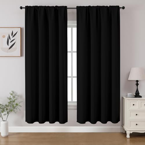 CUCRAF Black Blackout Curtains 63 inch Length 2 Panels Set, Rod Pocket Room Darkening Drapes for Bedroom Living Room, Insulated Thermal Light Blocking Window Curtain (W52 x L63 Inch)