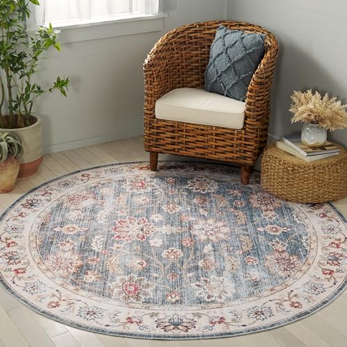 Safavieh Distressed Rug Ideal for High Traffic Areas - Machine Washable and Non Slip - Arizona Collection, Short Pile, in Green and Beige, 122 X 122 cm