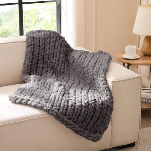 "L'AGRATY Dark Grey 30"" x 40"" Chunky Knit Throw Blanket - 100% Hand-Knit Chenile Crochet Blanket for Couch, Bed, Sofa - Soft, Warm, Breathable Home Decor"