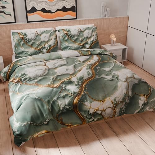 PETTI Artigiani Italiani - Single Duvet Cover Set 200 x 135 cm (1 Pillowcase 75 x 50 cm Included), Microfibre Duvet Cover Set with Digital Print Marble Effect Sage - Made in Italy