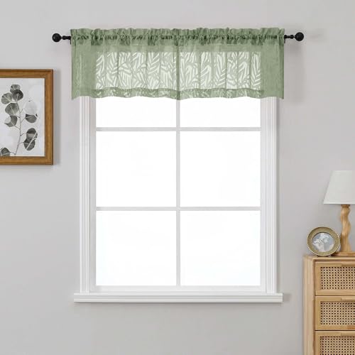 OVZME Sage Green Valances for Windows 14 Inch Length 2 Panels, Dual Rod Pocket Light Filtering Valances for Kitchen, Soft Airy Short Sheer Curtains with Leaf Jacquard Clip Design, 2x42Wx14L Inches
