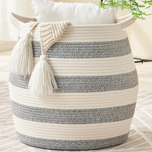 "KAKAMAY Woven Baskets for Storage(17""x17""),Large Cotton Rope Basket Woven Baby Laundry Hamper,Collapsible Laundry Basket, Blanket Basket for Organizing Living Room,Nursery,Pillows,Toy Chest(Grey)"