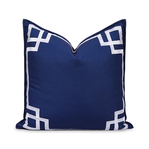 "Hofdeco Premium Coastal Patio Indoor Outdoor Throw Pillow Cover Only, 20""x20"" Water Repellent for Backyard, Couch, Navy Blue Embroidered Frame Greek Key"