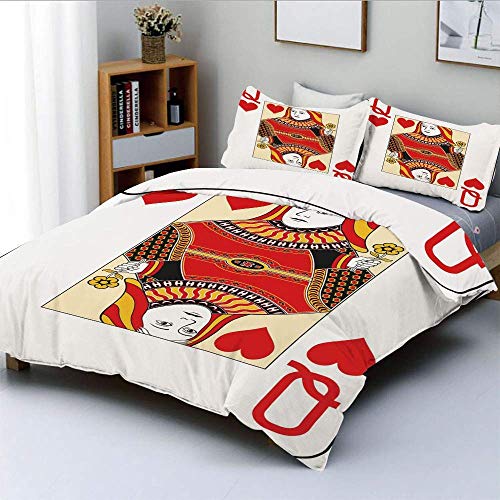 Duvet Cover Set,Queen of Hearts Playing Card Casino Decor Gambling Game Poker Blackjack Deck Decorative 3 Piece Bedding Set with 2 Pillow Sham,Red Yellow White,Best Gift For Kid