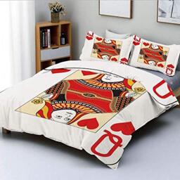 Duvet Cover Set,Queen of Hearts Playing Card Casino Decor Gambling Game Poker Blackjack Deck Decorative 3 Piece Bedding Set with 2 Pillow Sham,Red Yellow White,Best Gift For Kid