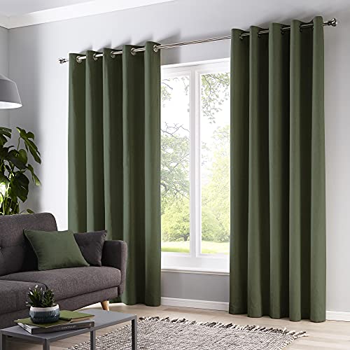 "Fusion - Bottle Green Blackout Curtains W90 x L72"" (229 x 183cm) - 100% Cotton - Thick Weave 2 Panels - Green Eyelet Curtains - Soundproof/Thermal Curtains in Green - Curtains for Bedroom/Living Room"