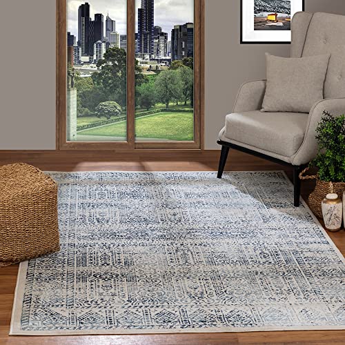 Livabliss Evora Vintage Rug - Area Rugs for Living Room 120x170 cm, Bedroom - Scandi Neutral Rugs, Traditional Patterned Boho Style, Natural Easy Care Pile - Large Rug, Dark Blue and Ivory