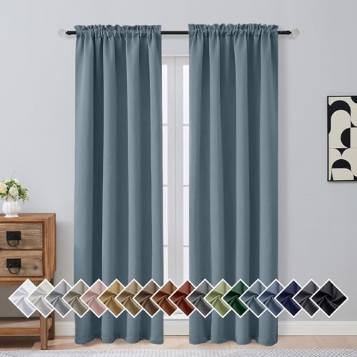 OVZME Stone Blue Blackout Curtains for Bedroom 84 Inch Length 2 Panels, Soft Fabric Room Darkening Curtains for Living Room, Dual Rod Pocket Design Modern Window Treatment Drapes, 2x40Wx84L Inches