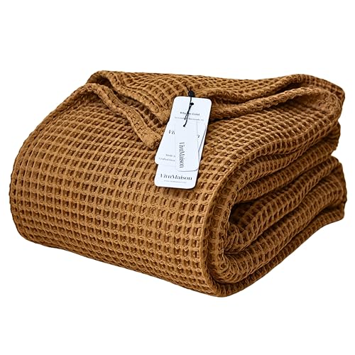 Viva Maison Waffle Blankets (Caramel, California King 95x126 inch) - 100% Turkish Cotton, 3D Honeycomb Weave, Lightweight, Breathable, Airy, Soft Comfy All-Seasons Versatile Blanket & Bedspread
