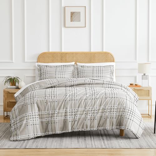 Southshore Fine Living, Inc. Vilano Plaid Collection Oversized Duvet Cover Queen Bedding Set, Printed Duvet Cover Set 3-Piece with Two Matching Shams, Mocha, Full/Queen