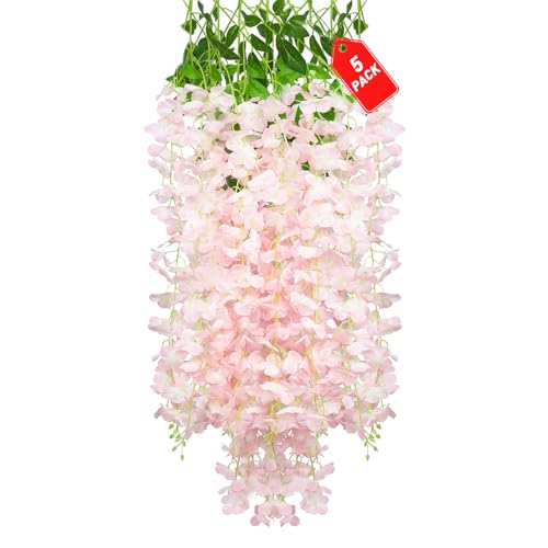 ZEBMOON 5 Pack Light Pink Wisteria Hanging Flowers, 3.44 Ft Fake Hanging Flowers, Artificial Wisteria Garland Vines for Wedding Room Backdrop Outdoor Patio Garden Decoration